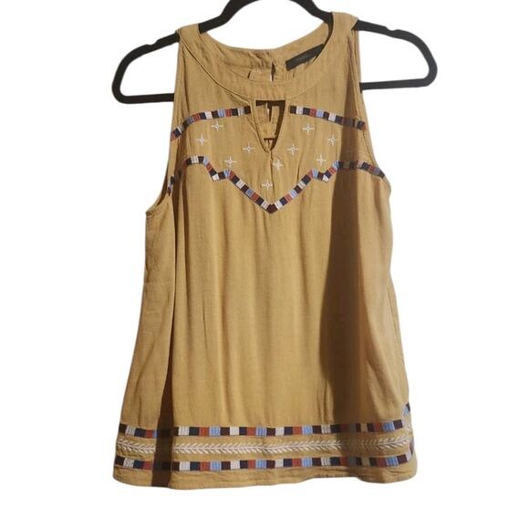 THML Yellow Embroidered Women's Boho Top L Key Hole Hippie Linen Blend Sleeveles - Picture 1 of 9
